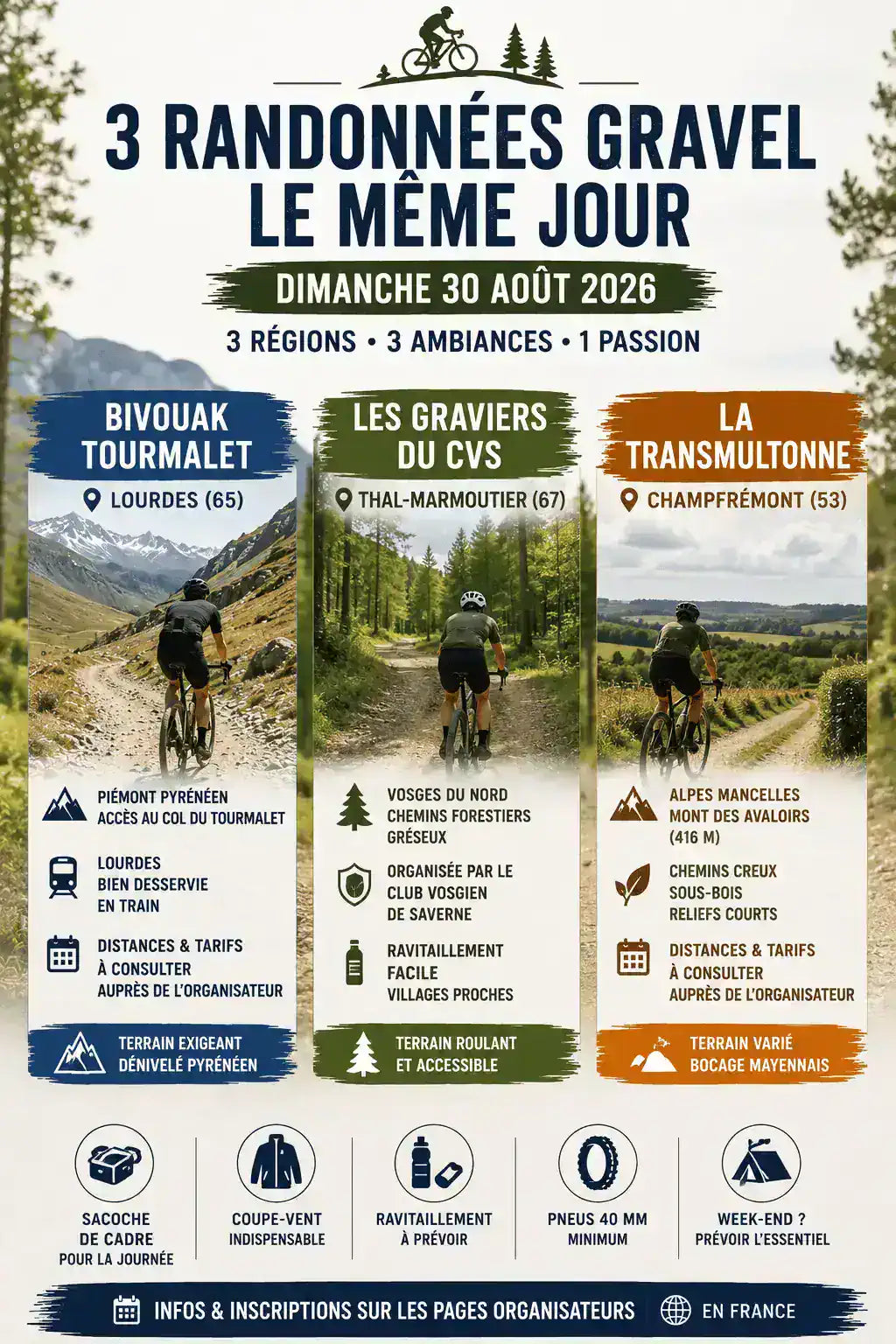 Randonnées gravel du 30 août 2026 : Tourmalet, Alsace et Mayenne