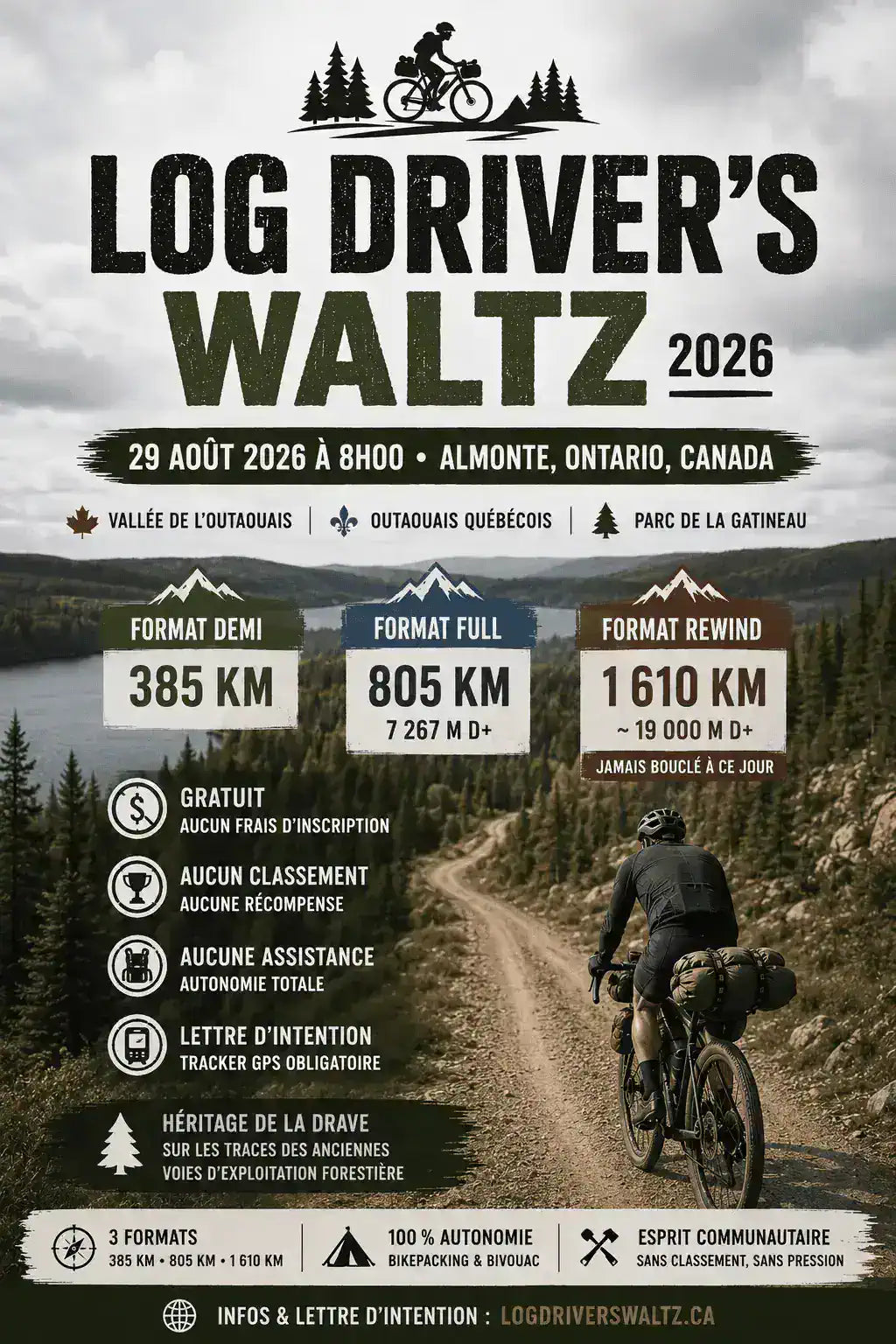 Log Driver's Waltz 2026 : bikepacking gratuit dans l'Outaouais