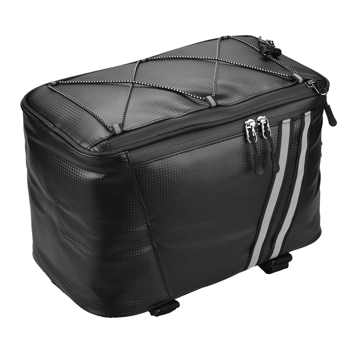 Sacoche de porte-bagage vélo isotherme noire vue de face sur fond blanc, avec filet élastique croisé sur le dessus