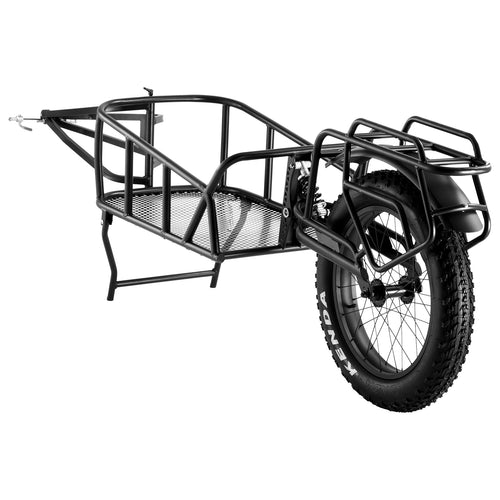 Remorque vélo monoroue noire en acier avec bac grillagé, roue 20 pouces, garde-boue et porte-bagages, sur fond blanc