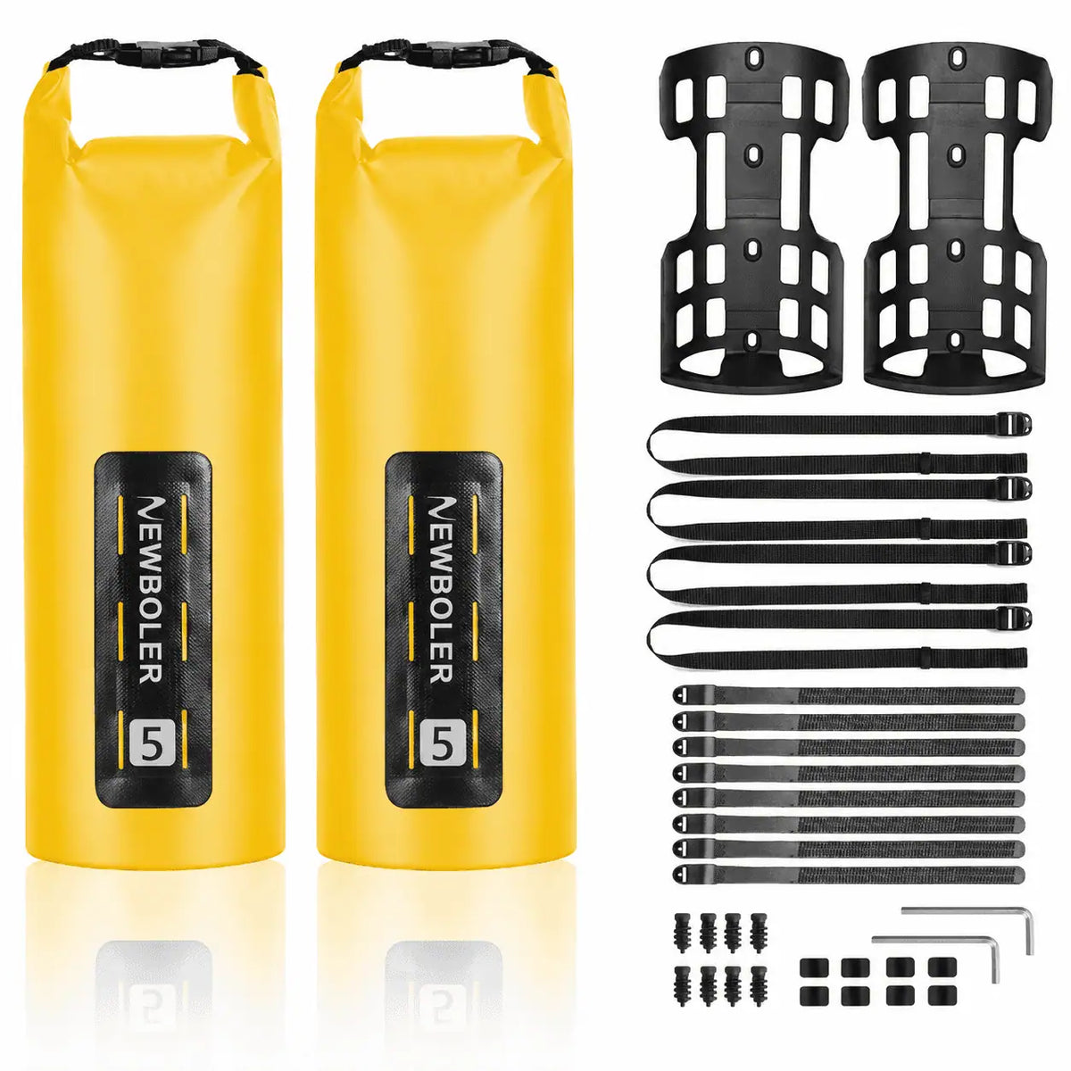 Deux sacoches de fourche jaunes 5L presentees avec leur kit de fixation complet : supports, sangles et visserie.