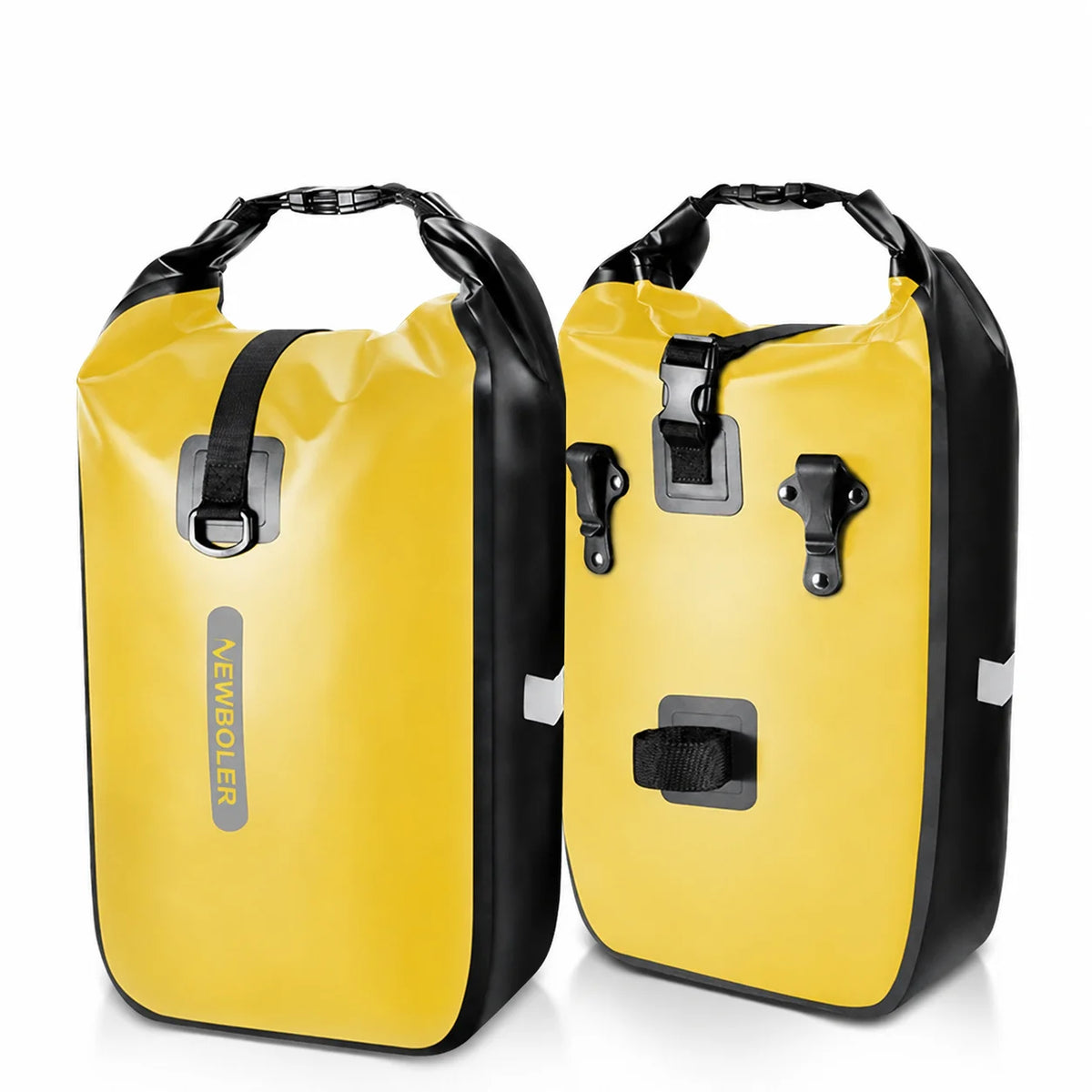 Deux sacoches de porte-bagages vélo cylindriques jaunes côte à côte sur fond blanc