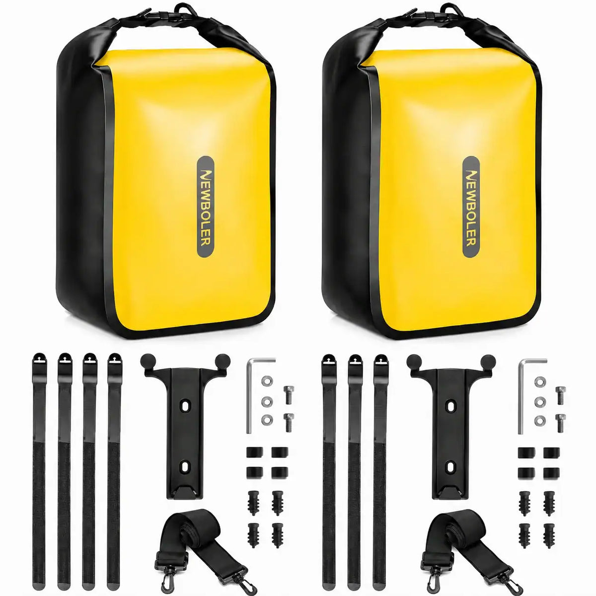 Deux sacoches de fourche vélo jaunes Newboler avec leurs kits de fixation complets