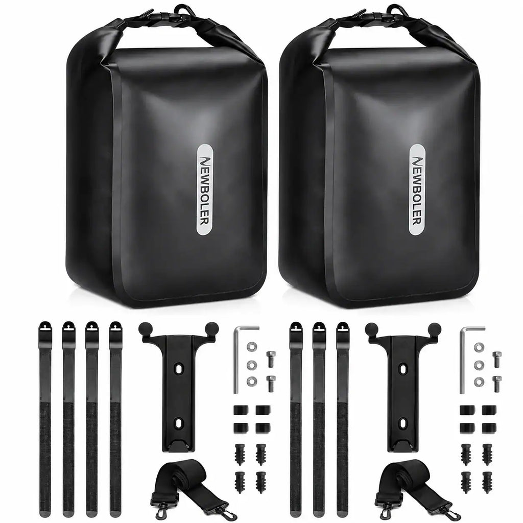 Deux sacoches de fourche vélo noires Newboler avec leurs kits de fixation complets