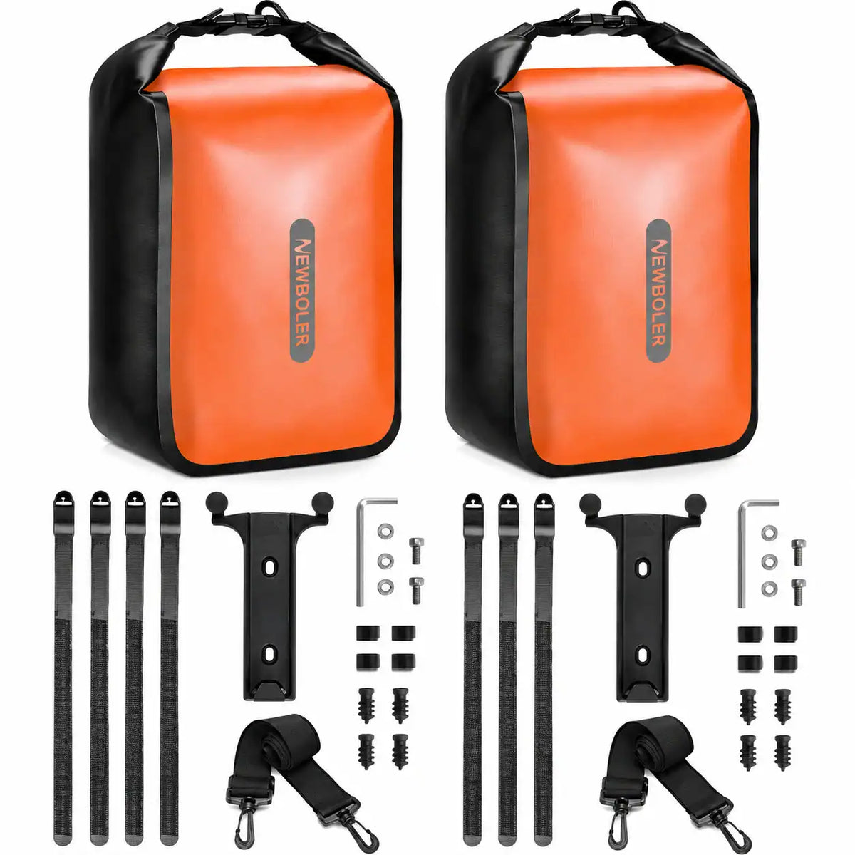 Deux sacoches de fourche vélo oranges Newboler avec leurs kits de fixation complets