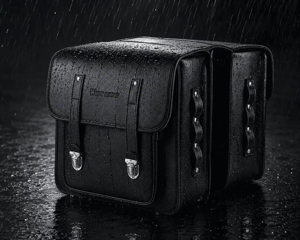 Double sacoche noire sous la pluie sur fond sombre, illustration de son etancheite.