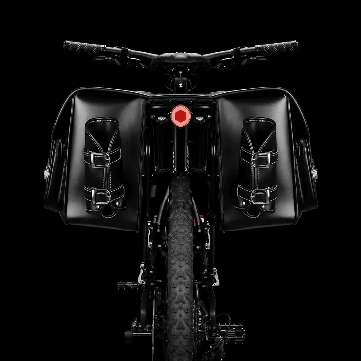 Vue arriere d'un velo equipe de deux grandes sacoches noires avec porte-bidons et feu rouge.