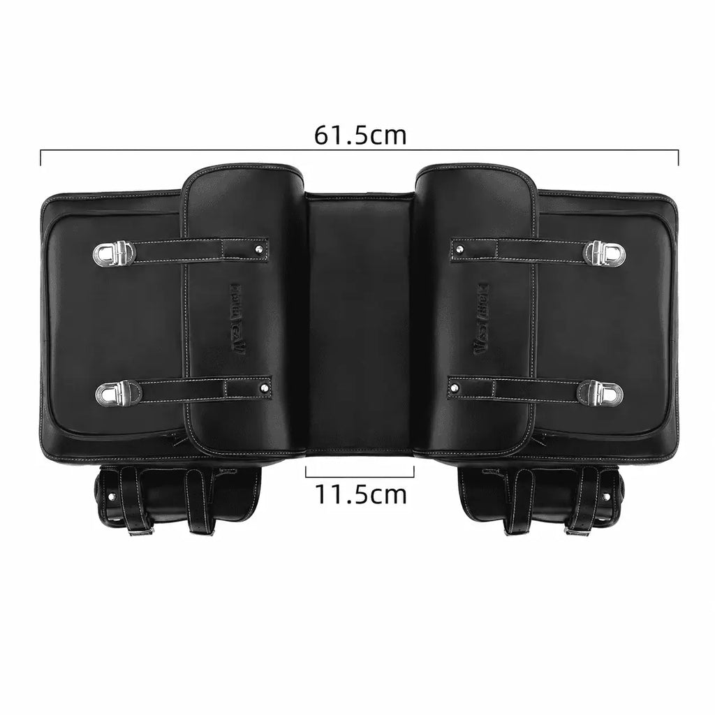 Double sacoche de velo noire vue de dessus avec largeur 61.5 cm et profondeur 11.5 cm.