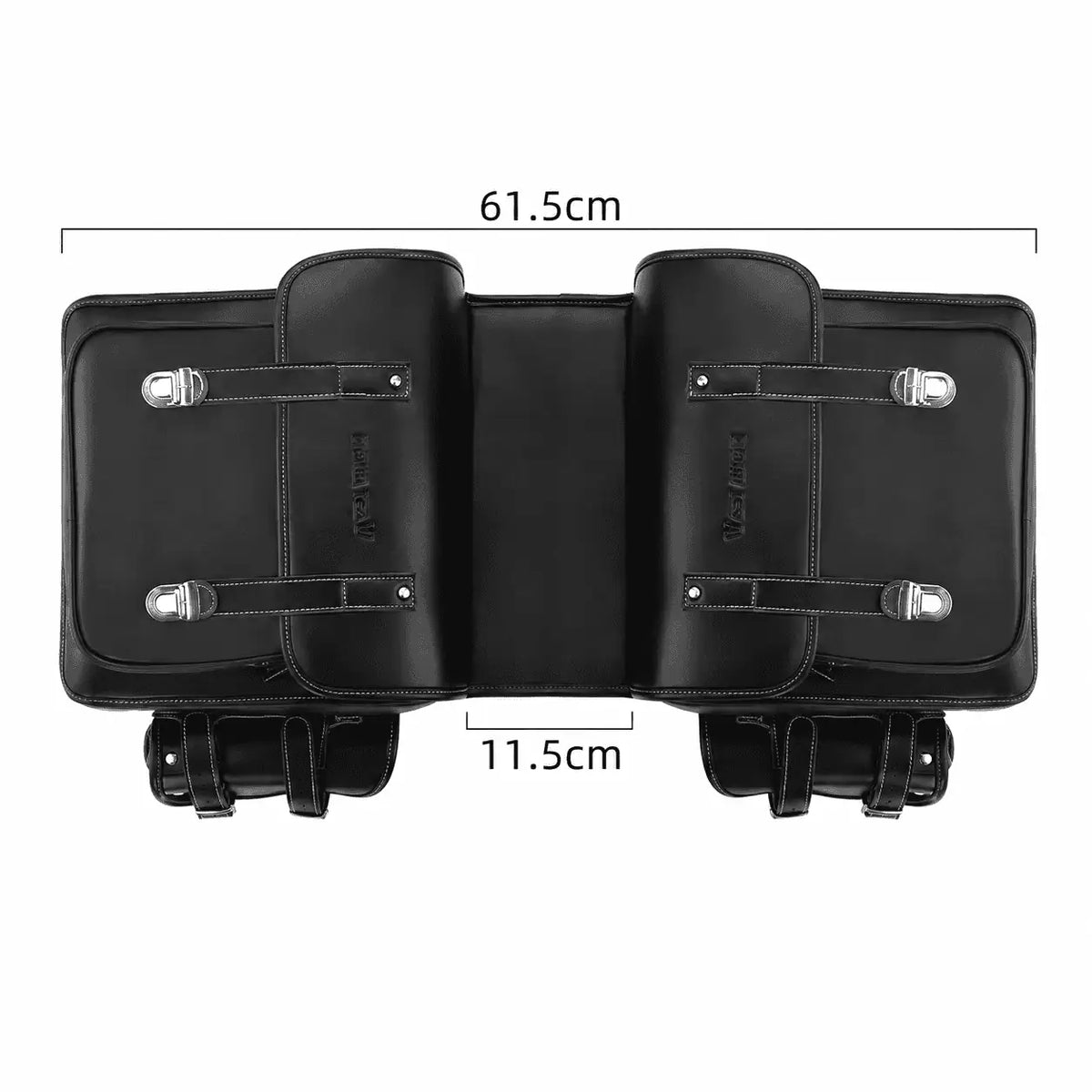 Double sacoche de velo noire vue de dessus avec largeur 61.5 cm et profondeur 11.5 cm.