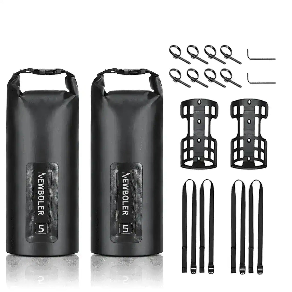 Deux sacoches cylindriques noires 5L pour vélo avec leurs kits de fixation complets