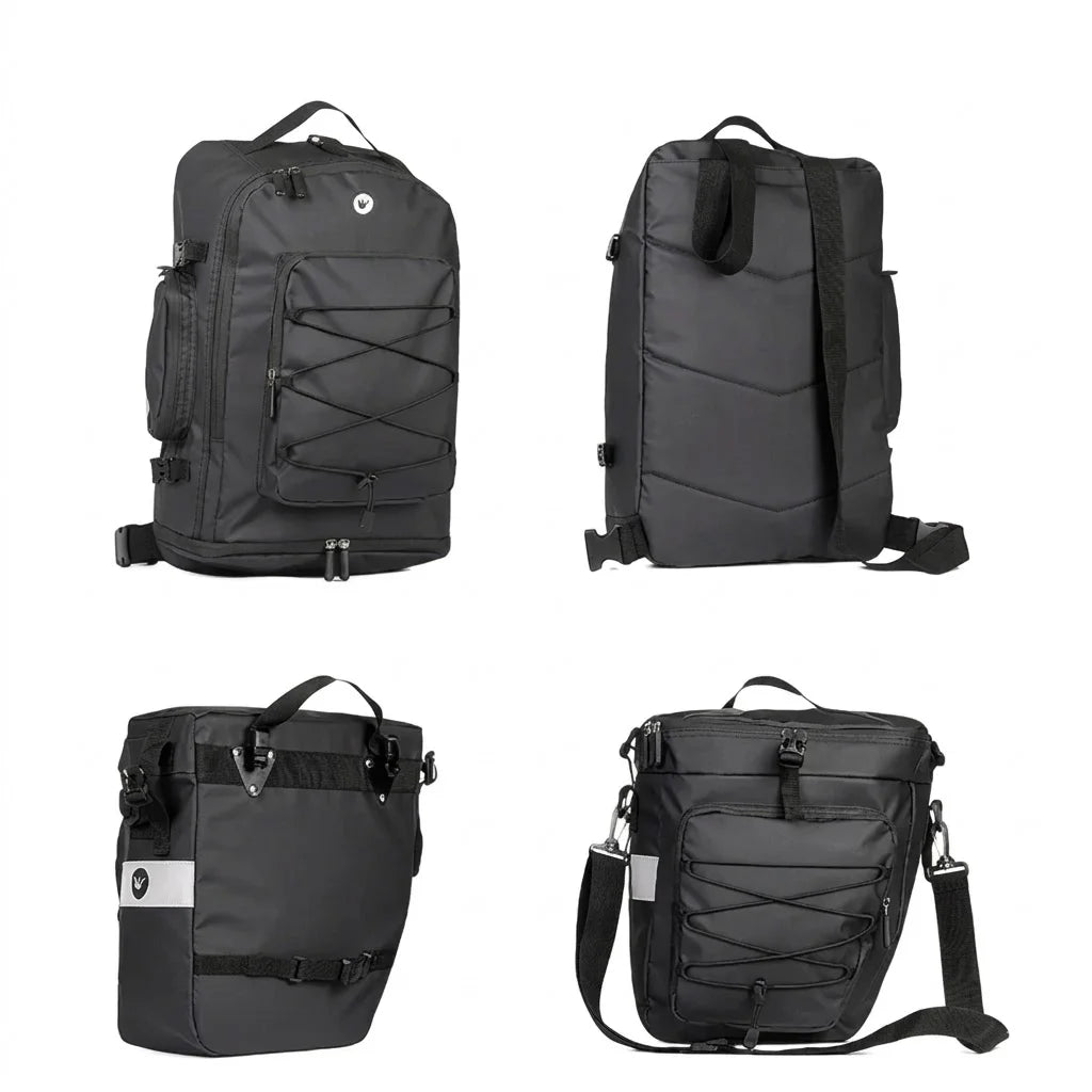 Ensemble de sacoches vélo noires 4 vues : sac à dos recto verso et sacoche de porte-bagage avec bandoulière