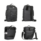 Ensemble de sacoches vélo noires 4 vues : sac à dos recto verso et sacoche de porte-bagage avec bandoulière