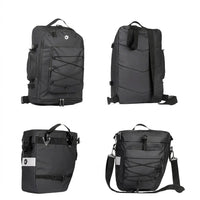Ensemble de sacoches vélo noires 4 vues : sac à dos recto verso et sacoche de porte-bagage avec bandoulière