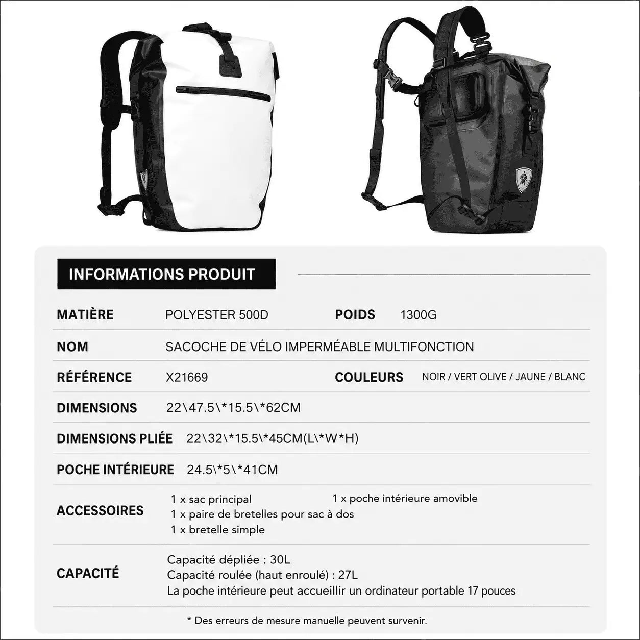 Fiche technique produit sacoche vélo 27L spécifications dimensions