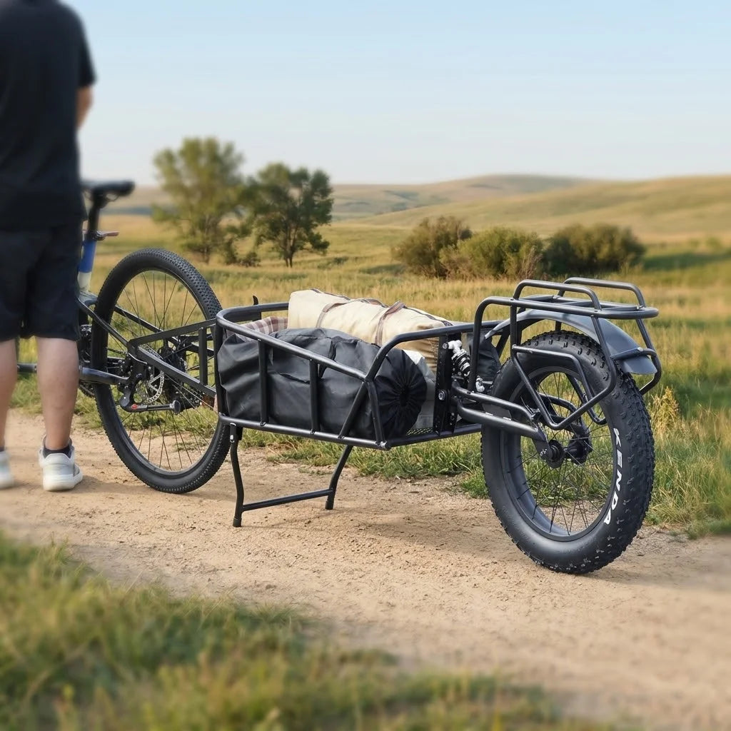 Remorque vélo attelée à un vélo sur un chemin de terre, bac chargé de sacs de voyage