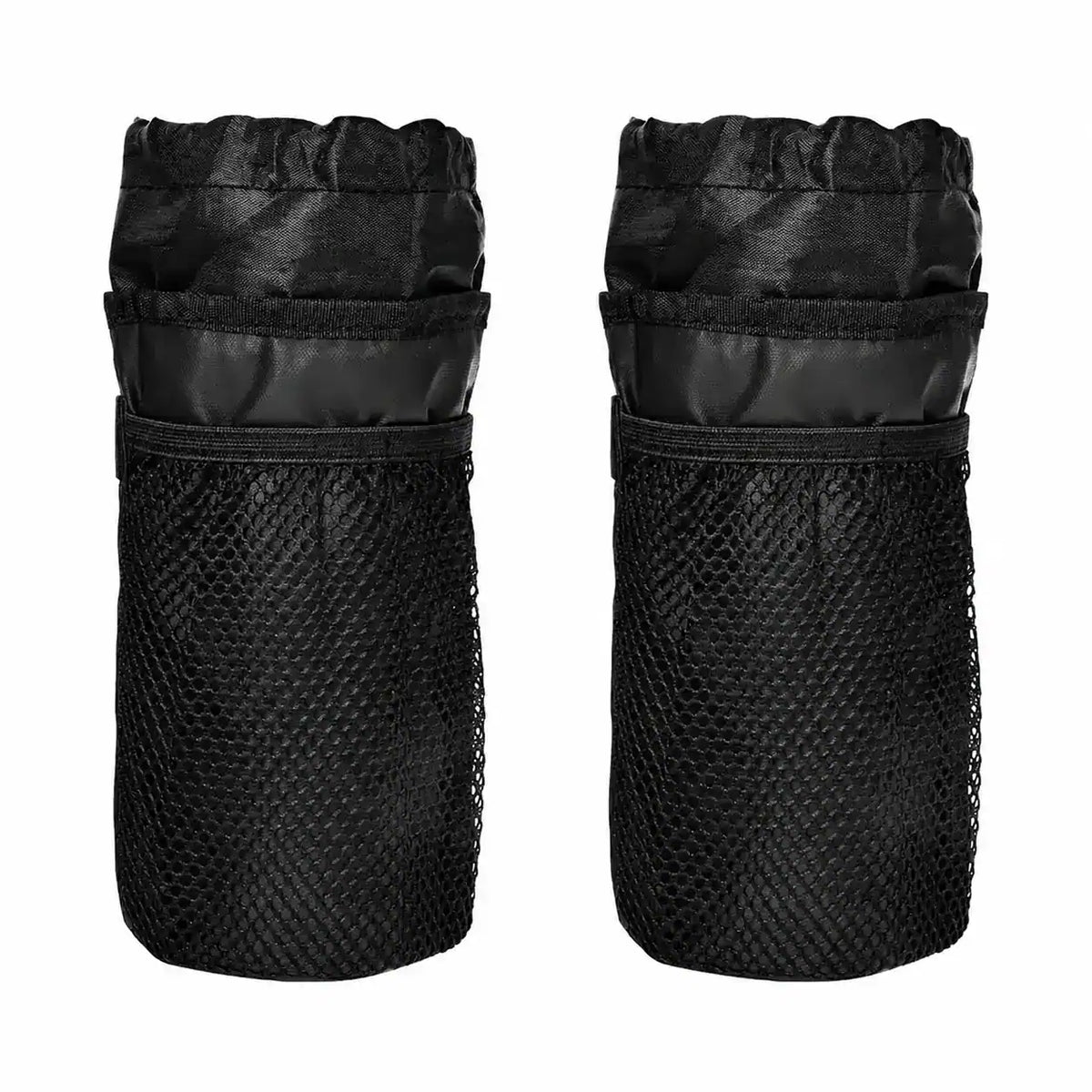 Lot de deux porte-bidons de vélo noirs en filet avec ouverture à cordon, sur fond blanc