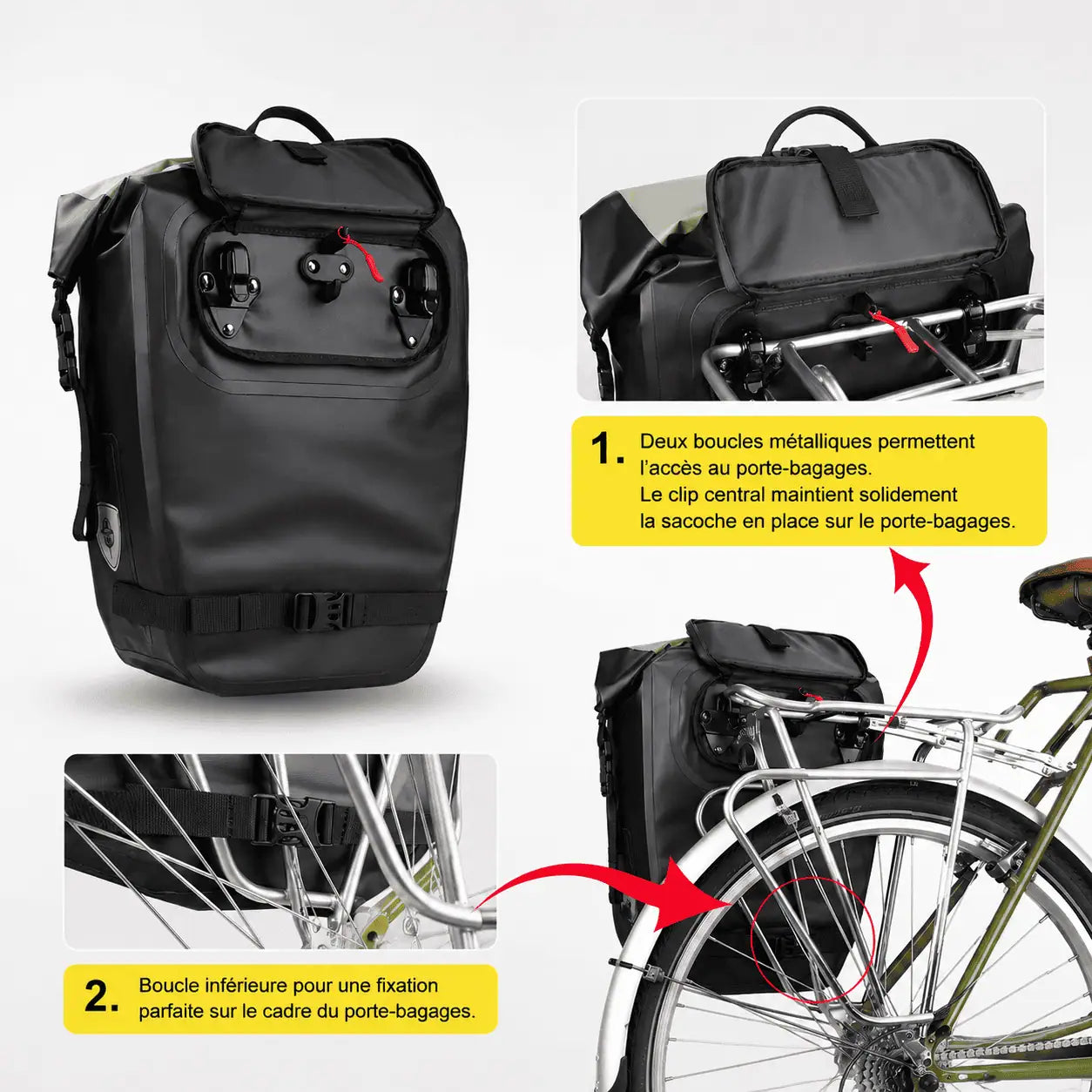 Collection sacs à dos vélo 4 tailles : noir grand, noir moyen, vert olive, petit