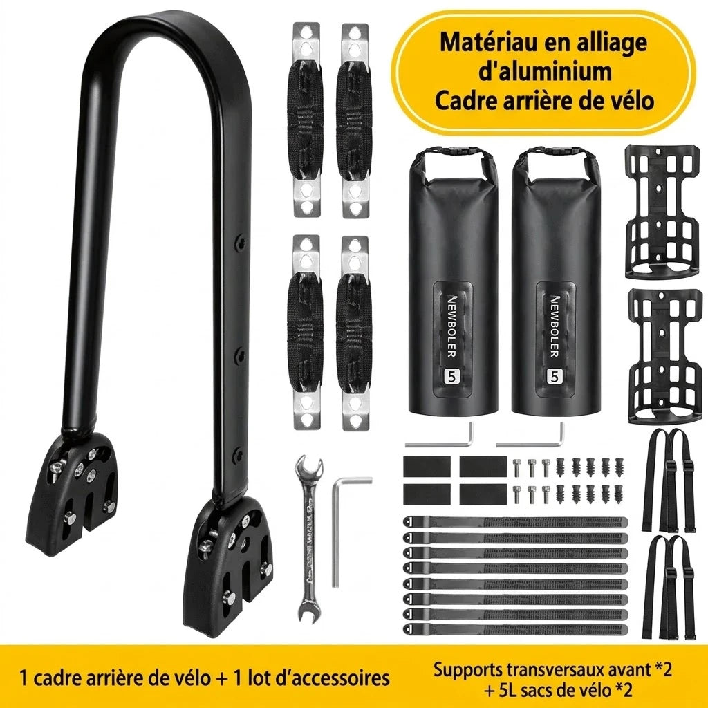 Kit cadre arrière vélo en aluminium avec 2 sacoches étanches 5 L, 2 supports cage, sangles et visserie
