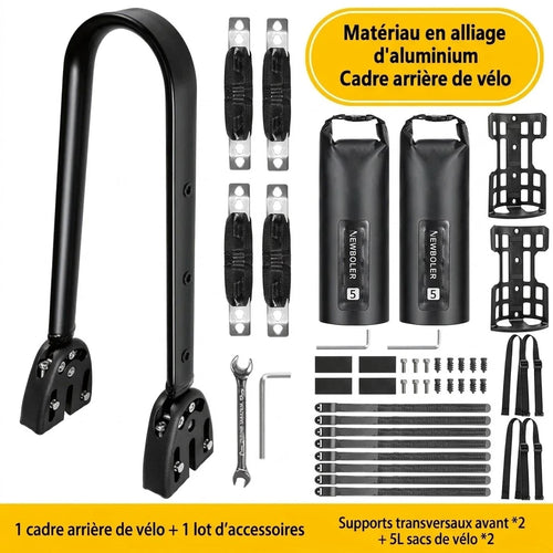 Kit cadre arrière vélo en aluminium avec 2 sacoches étanches 5 L, 2 supports cage, sangles et visserie