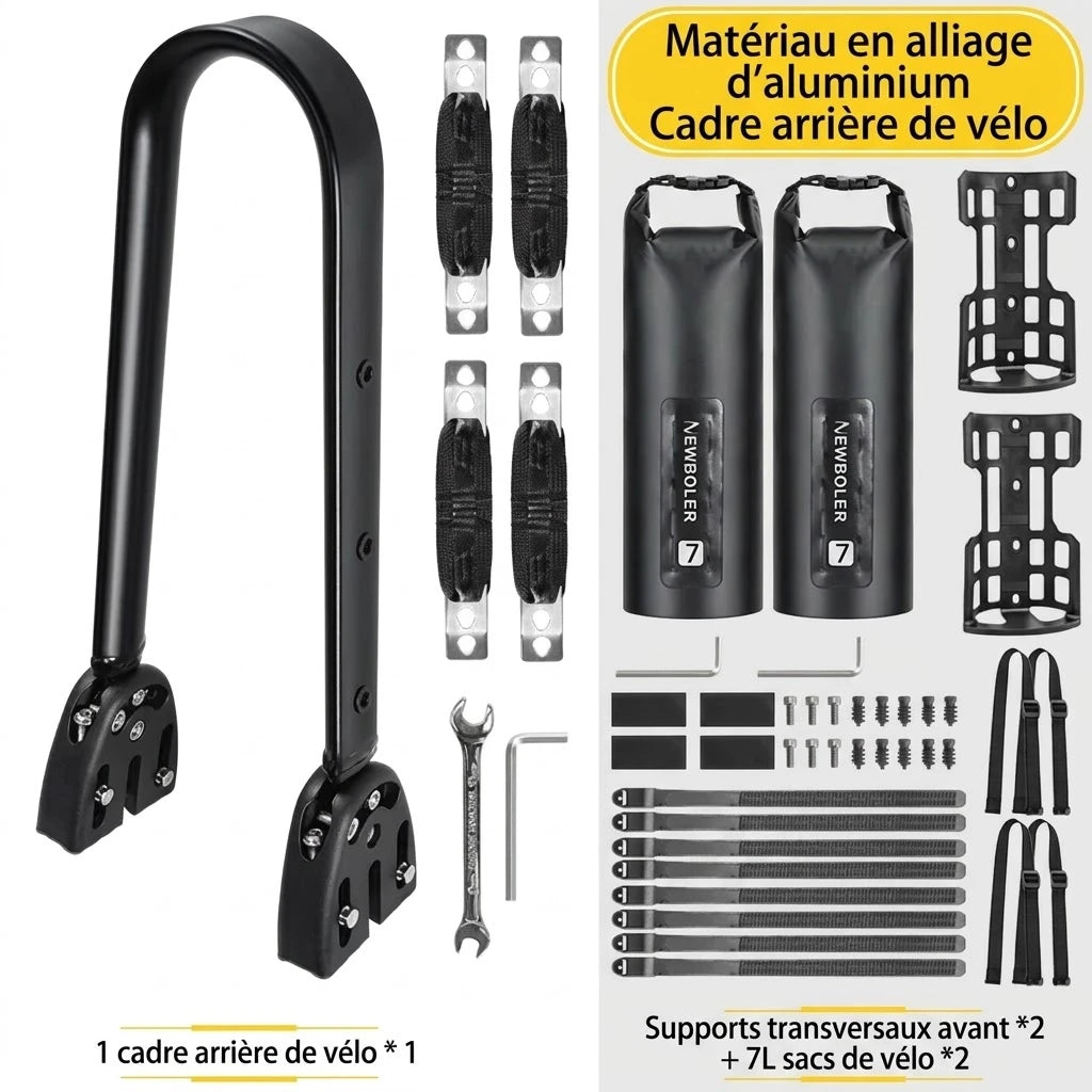 Contenu du kit 7 L : cadre arrière vélo en aluminium, 2 sacoches étanches 7 L, supports cage, sangles et outils