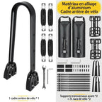 Contenu du kit 7 L : cadre arrière vélo en aluminium, 2 sacoches étanches 7 L, supports cage, sangles et outils