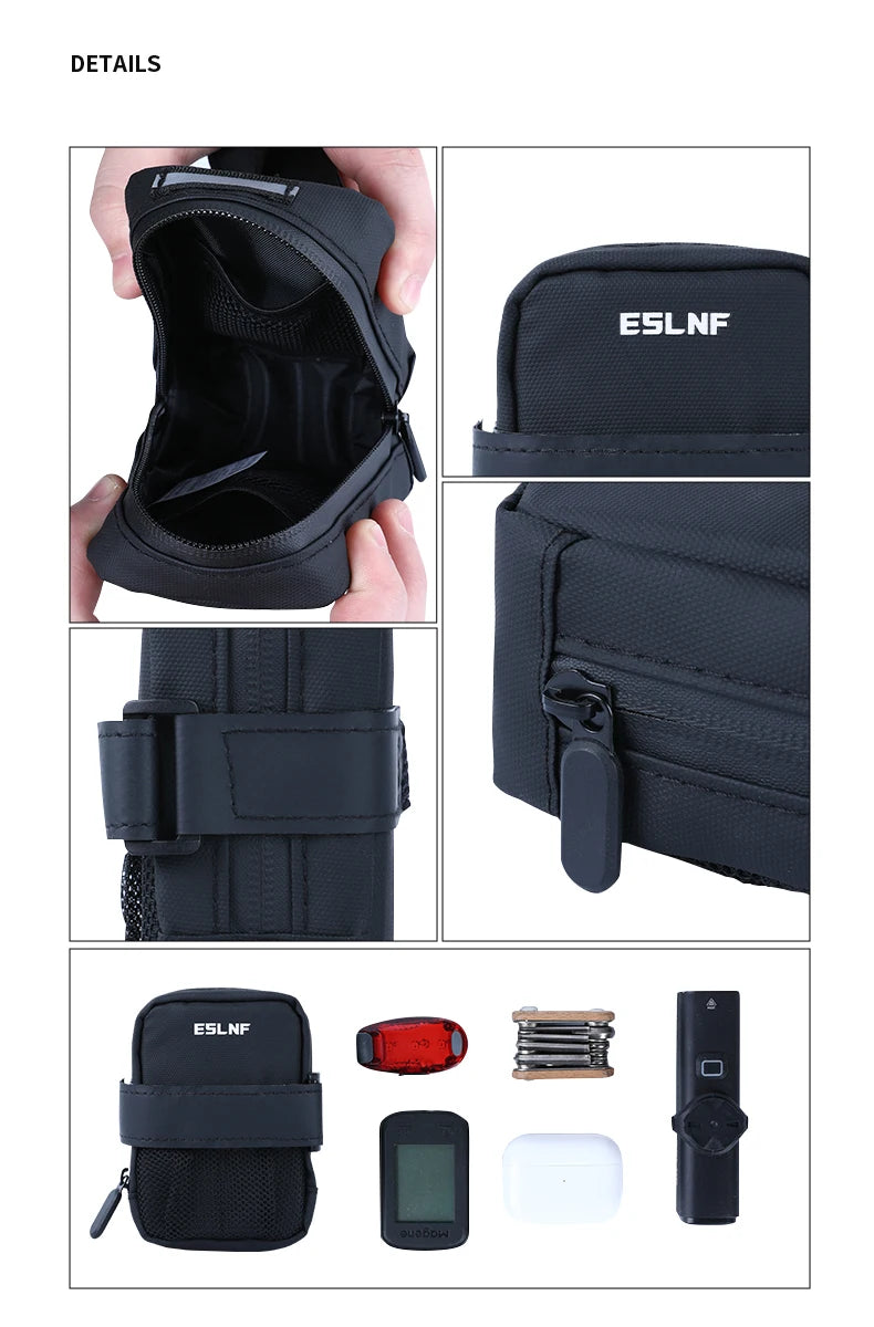 Détails de la petite sacoche outils vélo : intérieur, logo, sangle, zip et objets rangés