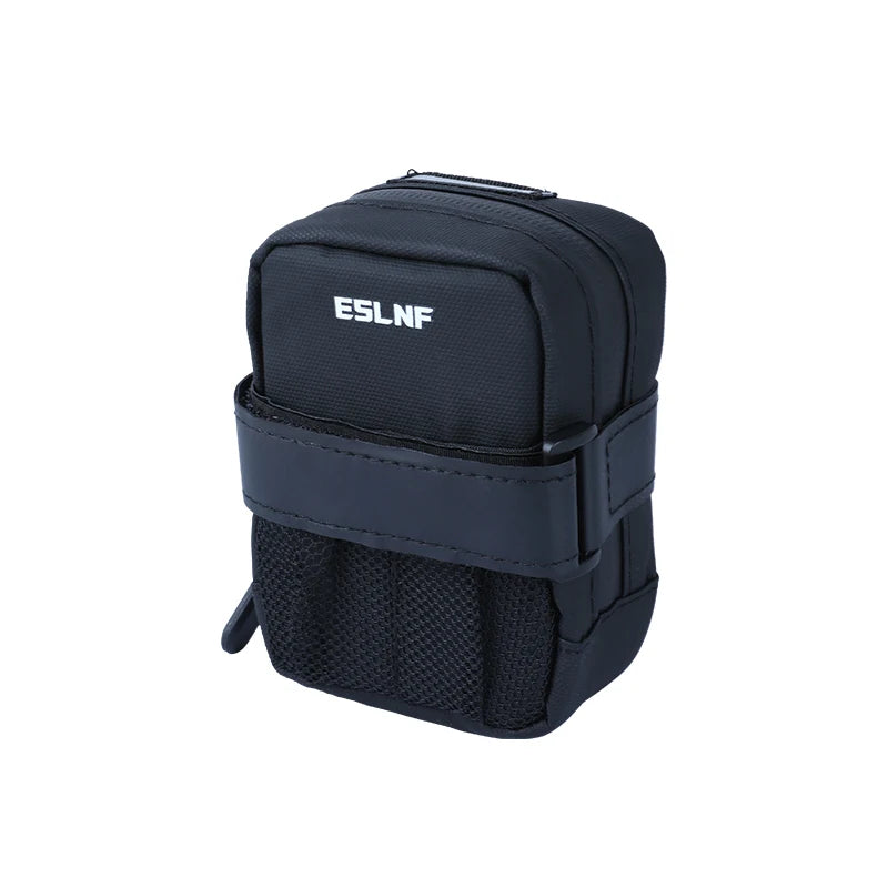 Petite sacoche outils vélo ESLNF noire avec sangle velcro et filet, vue de face