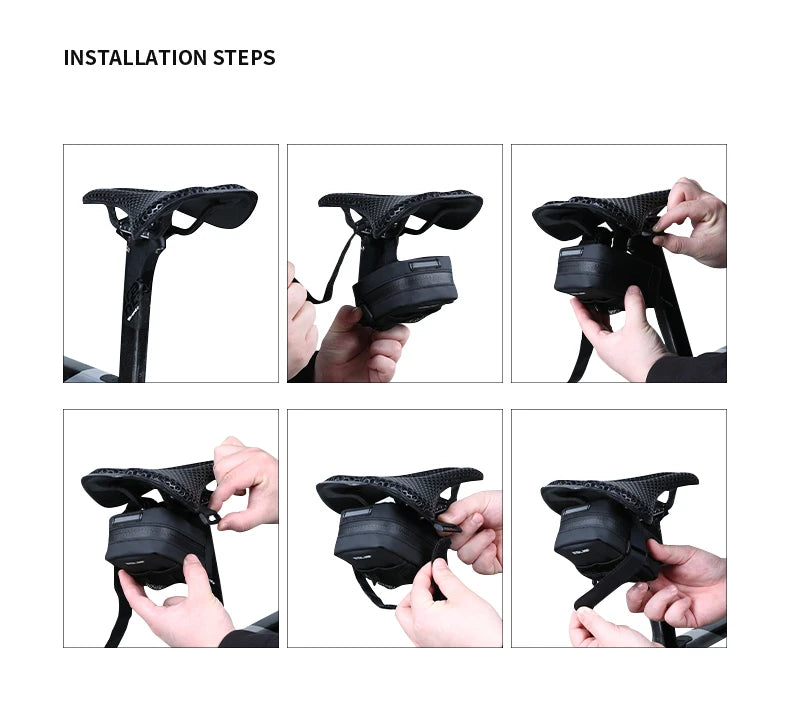 Étapes d'installation de la petite sacoche de selle vélo sur les rails de selle