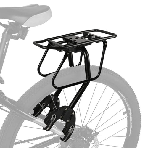 Porte-bagage VTT arrière en aluminium noir fixé par pinces au-dessus de la roue arrière d'un VTT