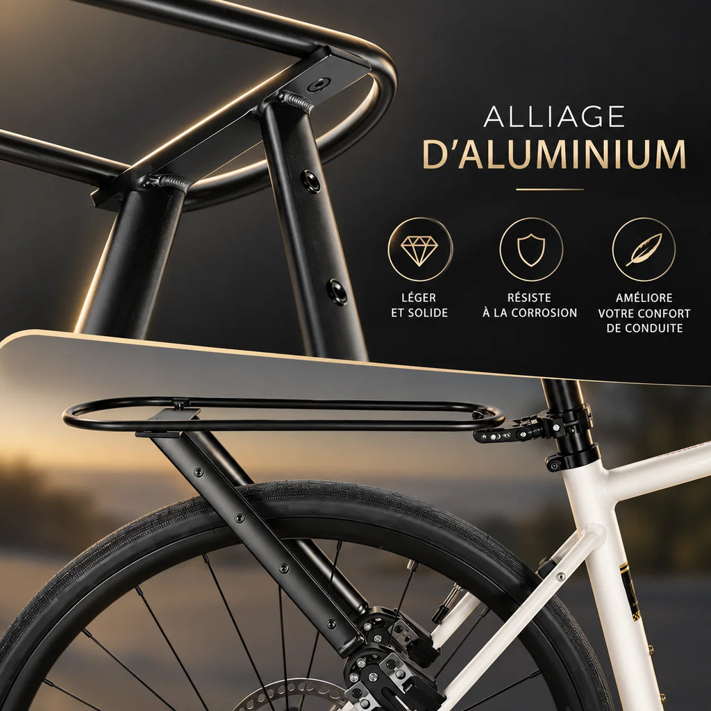 Structure du porte-bagages en alliage d'aluminium montée sur un vélo blanc