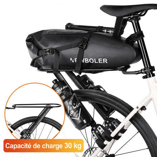 Porte-bagages vélo arrière en aluminium avec sacoche noire sanglée, charge admissible de 30 kg