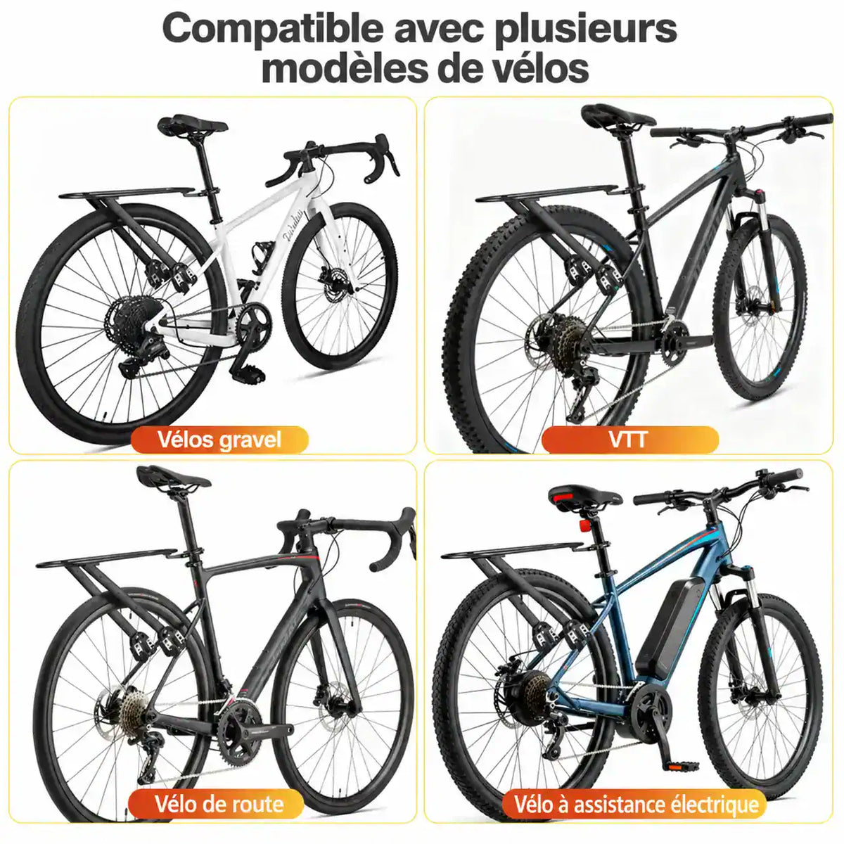 Porte-bagages compatible avec les vélos de route, gravel, VTT et vélos à assistance électrique