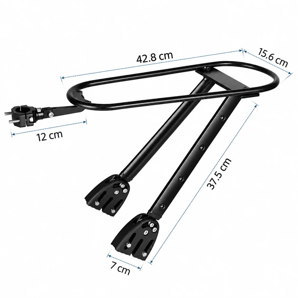 Dimensions du porte-bagages : 42,8 cm de long, 15,6 cm de large, 37,5 cm de haut et 12 cm d'entraxe