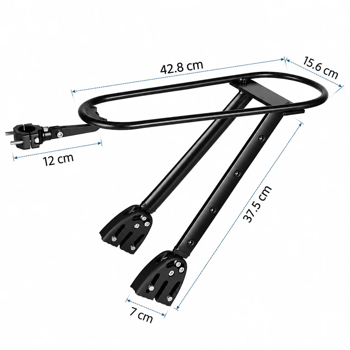 Dimensions du porte-bagages : 42,8 cm de long, 15,6 cm de large, 37,5 cm de haut et 12 cm d'entraxe
