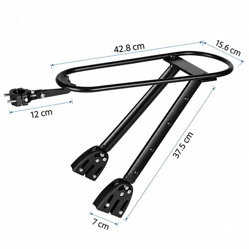 Dimensions du porte-bagages : 42,8 cm de long, 15,6 cm de large, 37,5 cm de haut et 12 cm d'entraxe