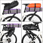 Sacoche chargée d'un tapis et d'un sac de couchage sanglés sur le porte-bagages