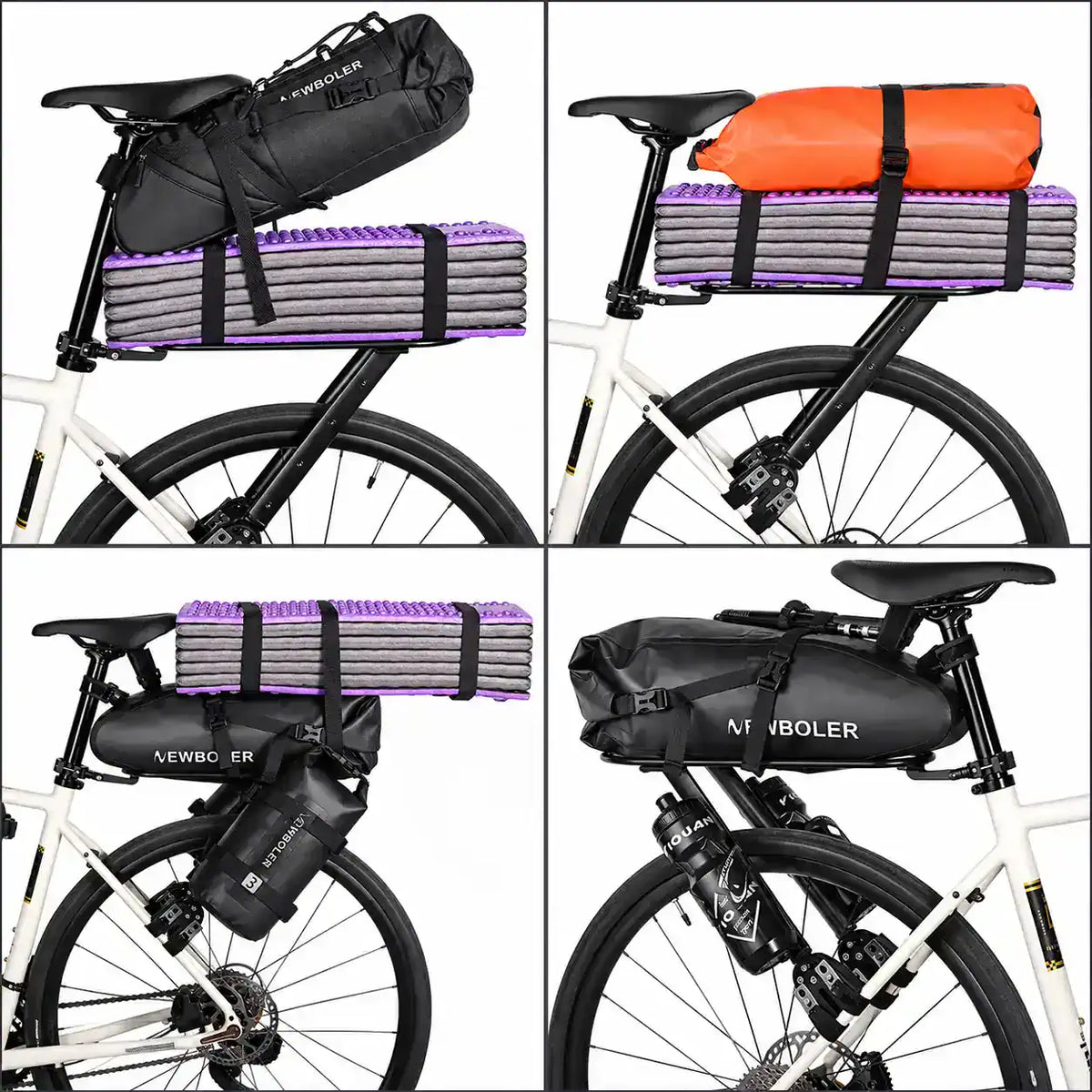Sacoche chargée d'un tapis et d'un sac de couchage sanglés sur le porte-bagages