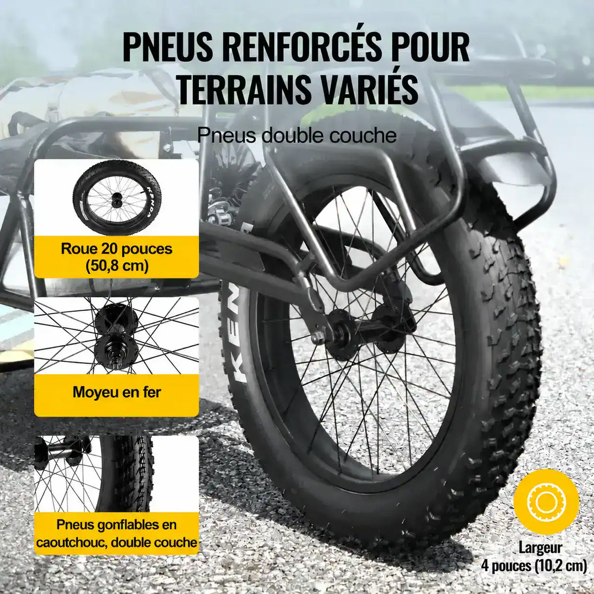 Roue de remorque de 20 pouces avec pneu gonflable double couche de 10,2 cm de large et moyeu en fer