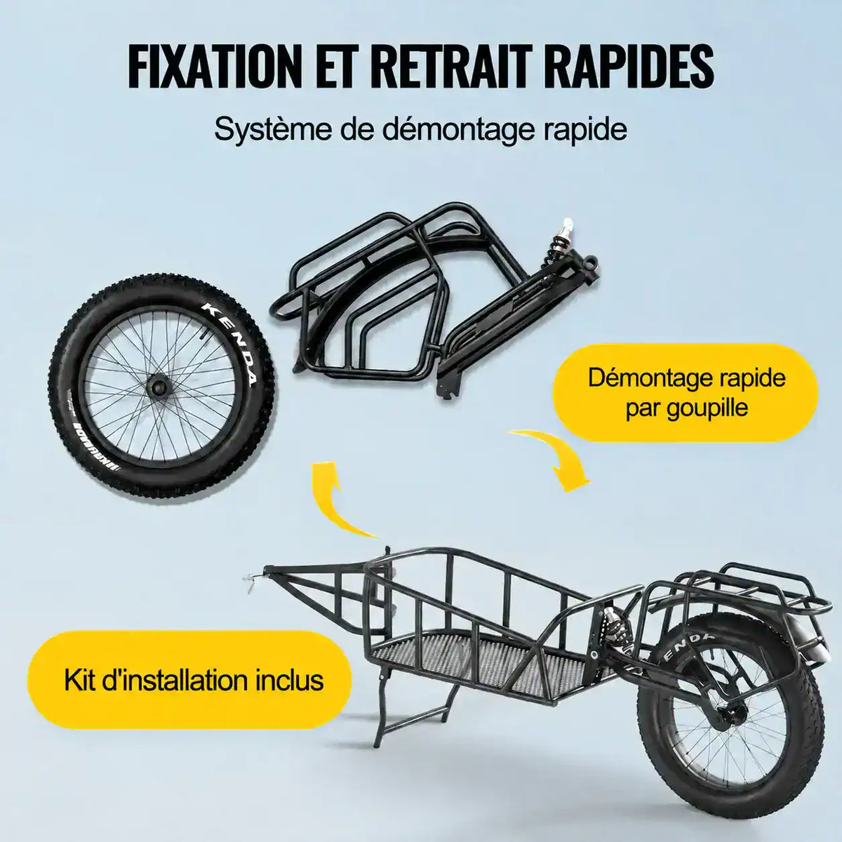 Roue et porte-bagages de la remorque démontés par goupille, kit d'installation inclus