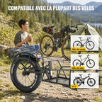 Remorque vélo monoroue au bivouac, avec les types de vélos compatibles : route, ville et VTT