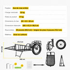 Fiche technique de la remorque vélo : 200 × 47,5 × 69,5 cm, 17 kg, charge 32 kg, avec le contenu du colis
