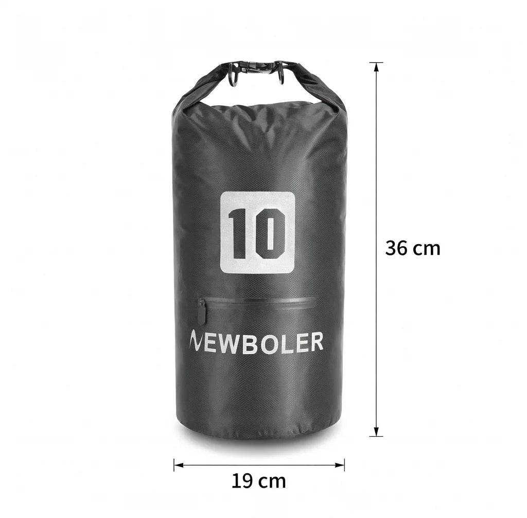 Sac etanche cylindrique gris fonce de 10 litres avec fermeture roll-top, dimensions 19 x 36 cm, presente sur fond blanc.