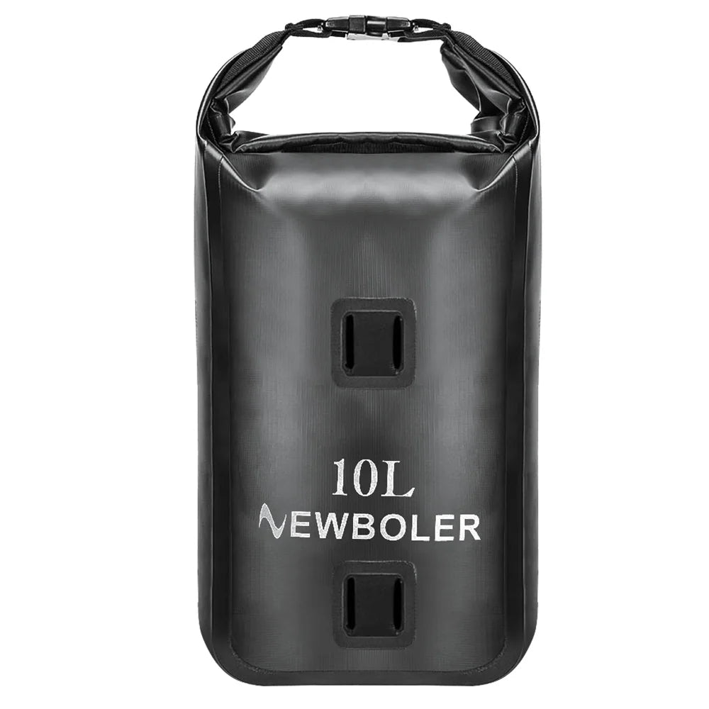 Sac impermeable noir de 10 litres avec fermeture a rouleau, presente sur fond blanc.