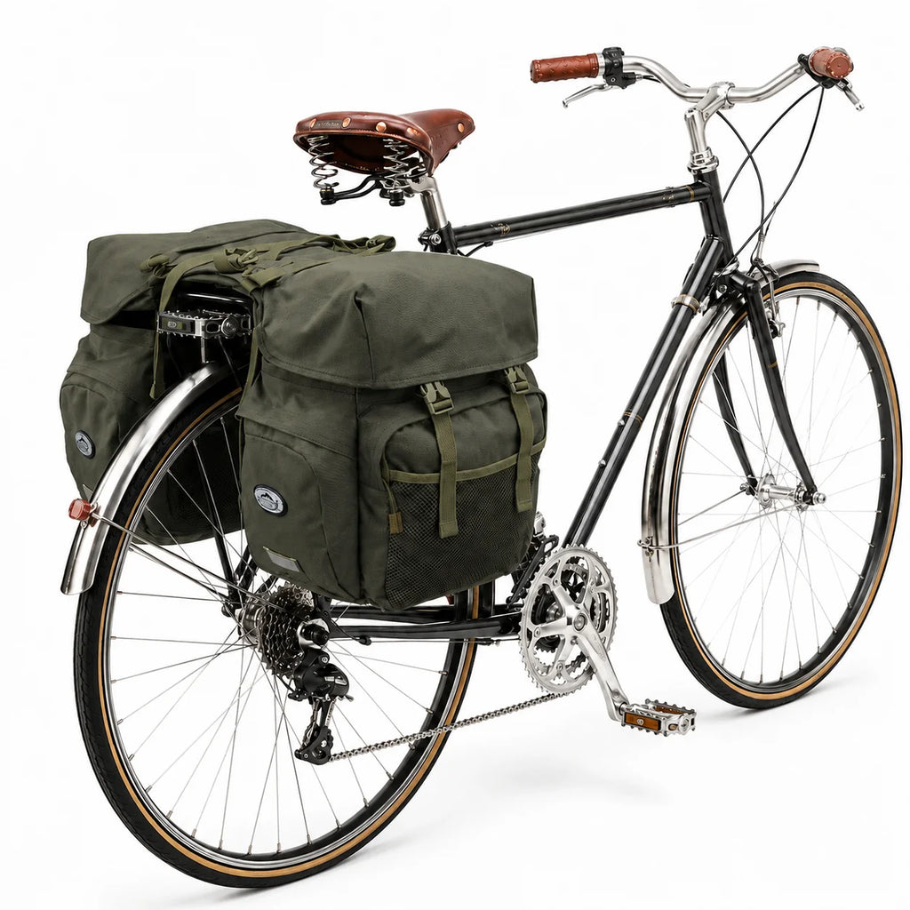 Sacoche velo porte bagage arrière kaki sur vélo de ville vintage noir