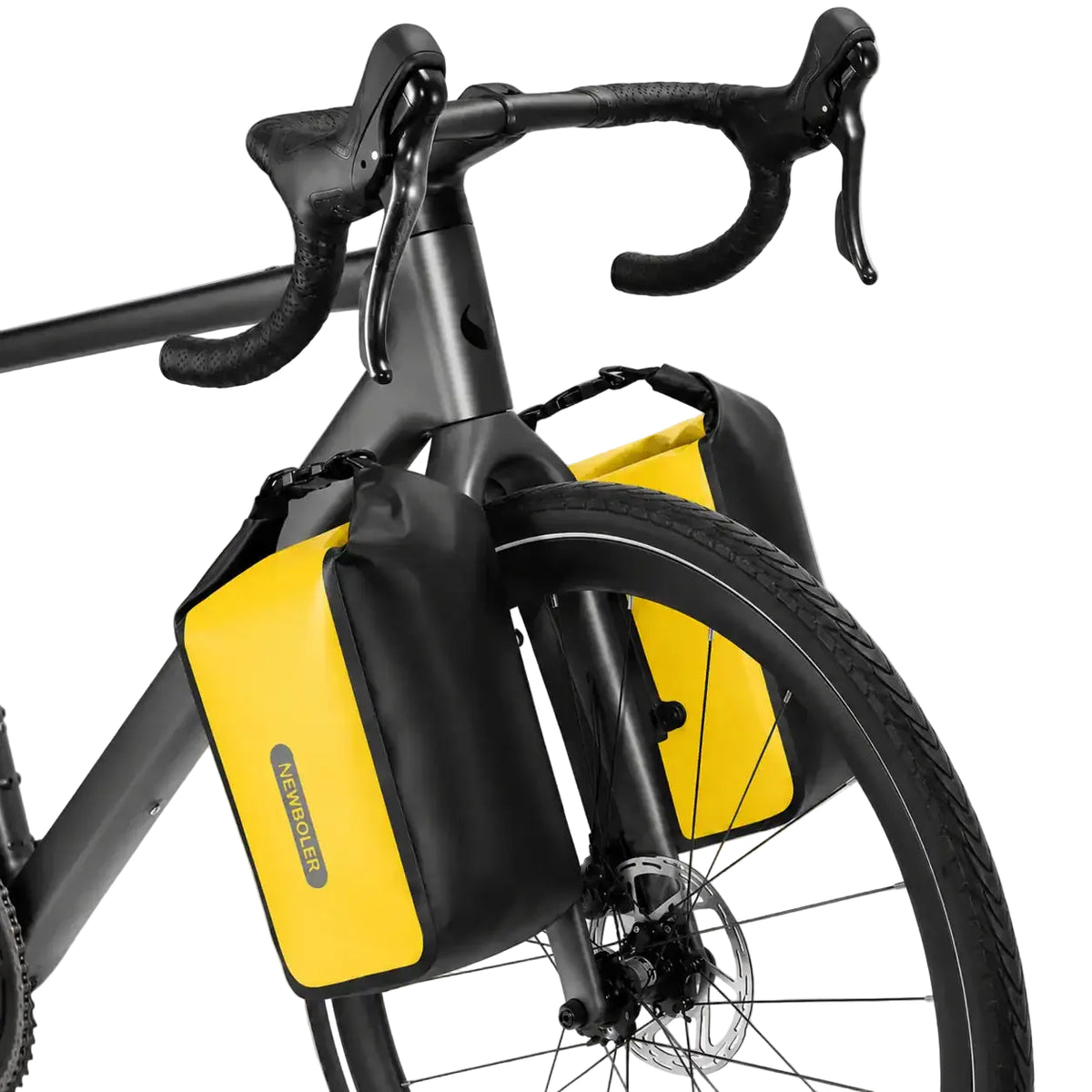 Sacoche de fourche vélo jaune 2x10L sur un vélo gravel noir