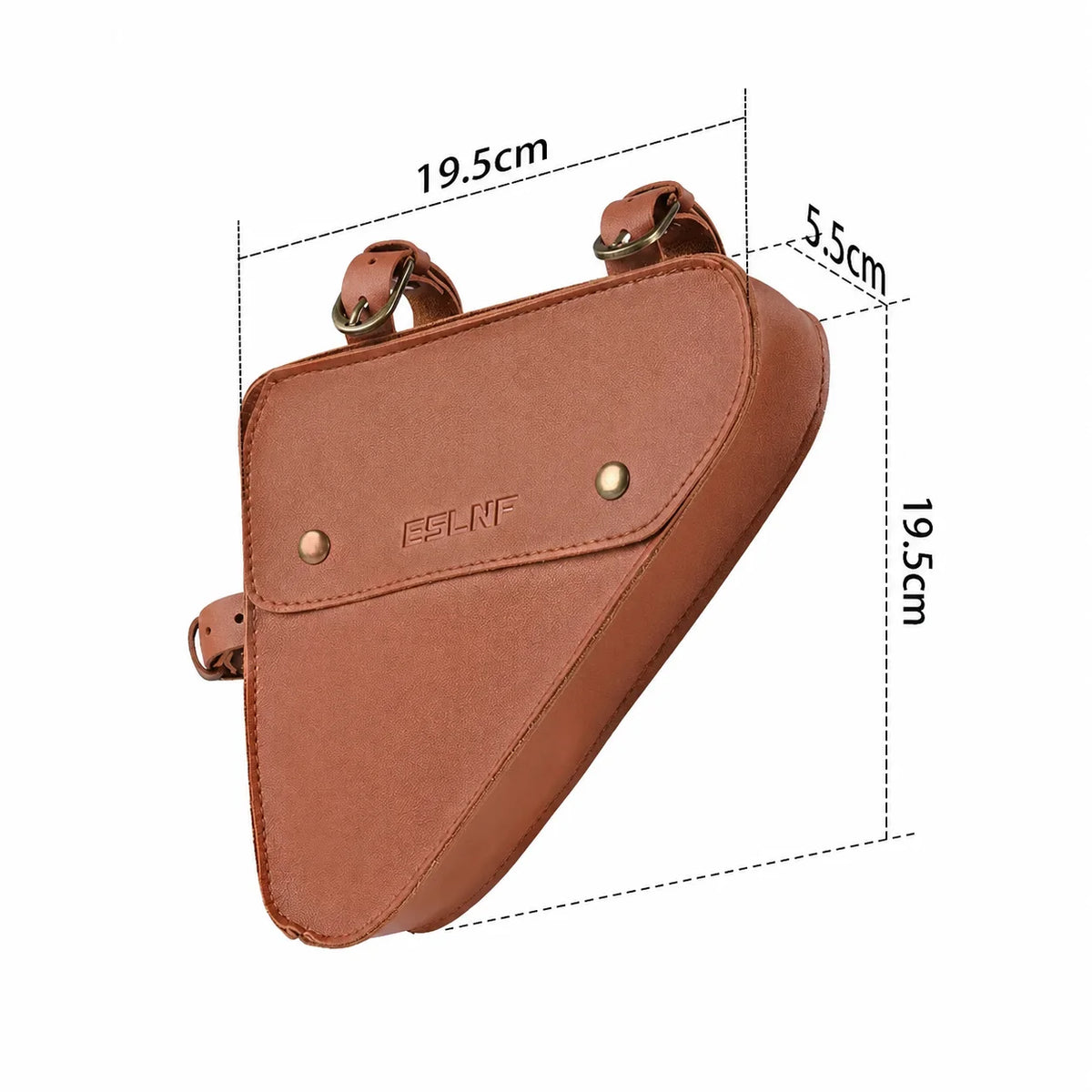 Sacoche de cadre vélo triangulaire en cuir marron avec dimensions 19.5x19.5cm