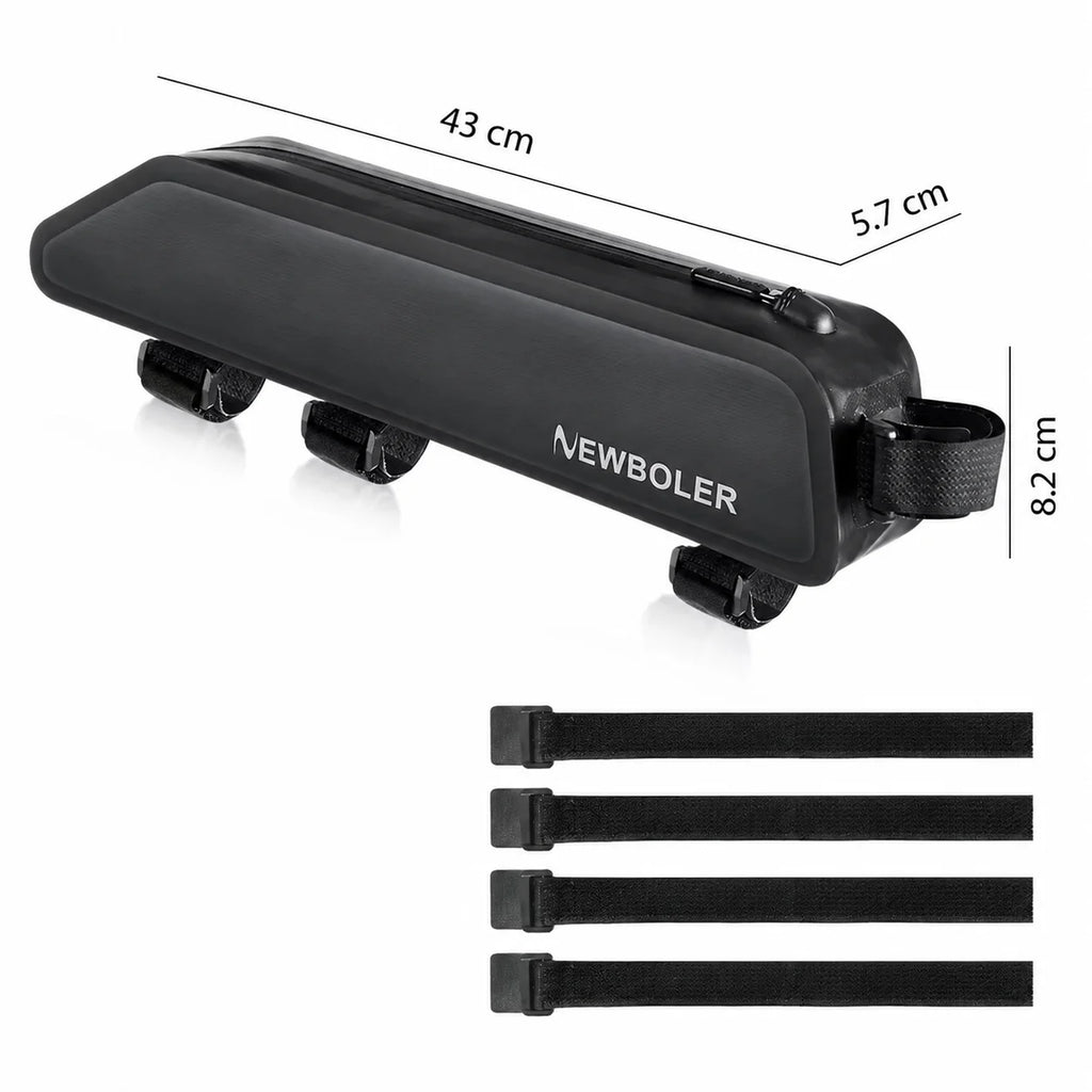 Sacoche de cadre vélo noire avec dimensions et sangles de fixation incluses