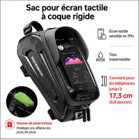 Infographie du sac à coque rigide : écran tactile TPU, tissu imperméable, téléphones jusqu'à 17,3 cm, housse de pluie incluse