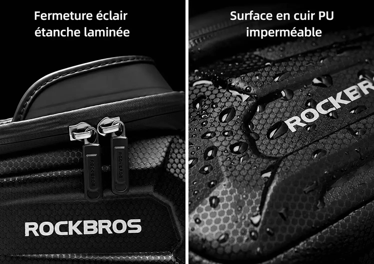 Détail de la fermeture éclair étanche laminée et de la surface en cuir PU imperméable