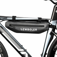 Sacoche cadre vélo noire fixée par sangles velcro sur le tube supérieur vue latérale